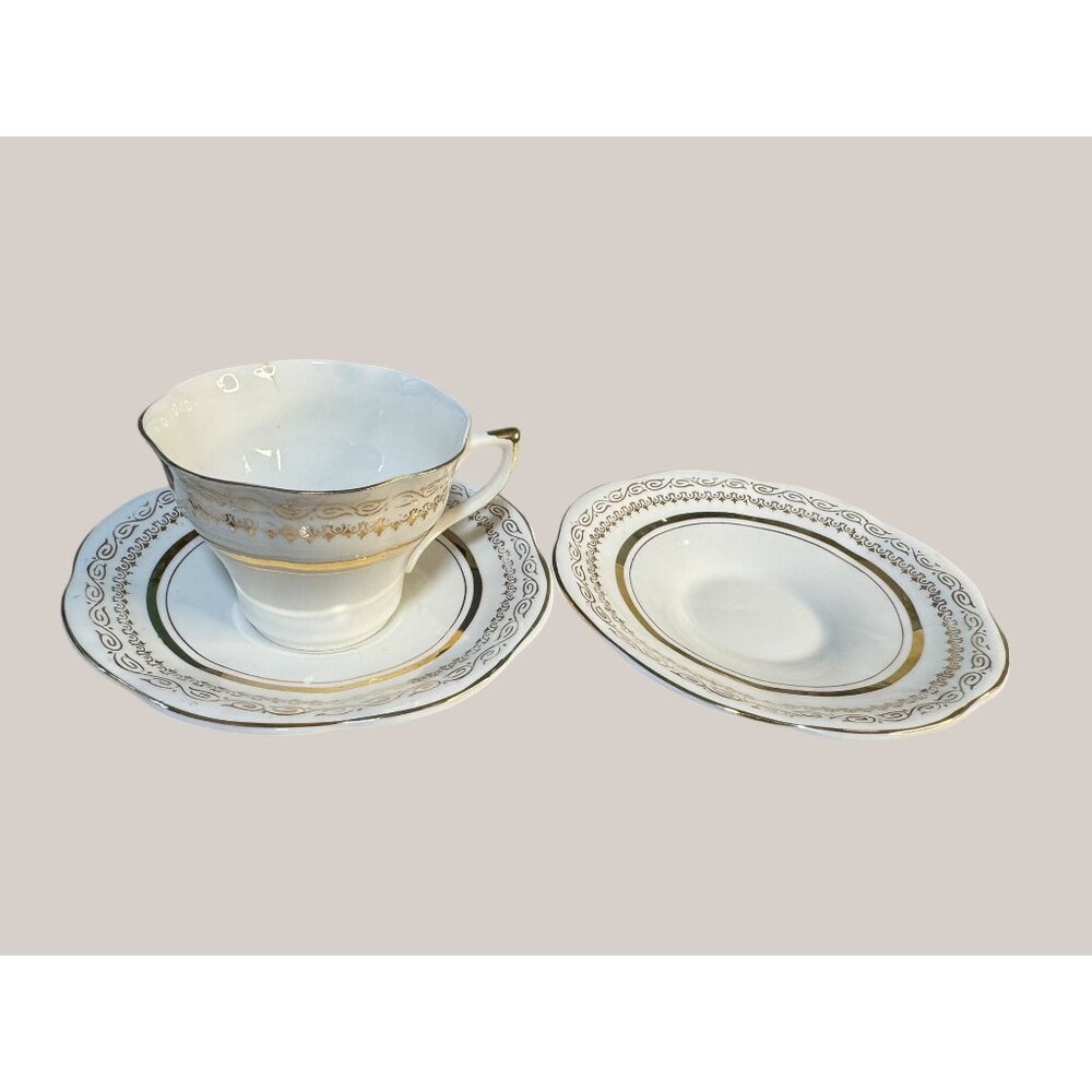 Crownford Fine Bone China Tea Cup Saucer & Plate Set Gold Trim Made In England